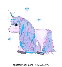 Magic cartoon cute purple unicorn on white background with hearts.