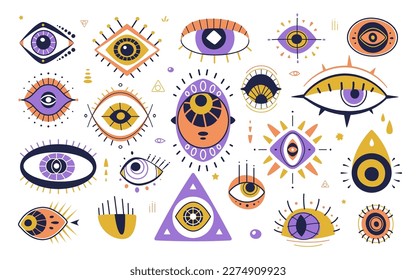 Los ojos mágicos de dibujos animados, los símbolos místicos vectoriales griegos o turcos. Ojos malvados, amuletos esotéricos o talismanes de suerte de ojos en triángulo o pirámide con un patrón geométrico. Elementos de tatuaje, hamsa o nazar