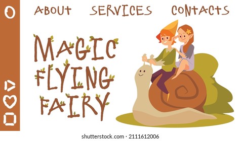 Magic cartoon female and male pixie characters ride snail holding on to horns. Banner with little cute elves with pointed ears from fairytale in flat vector illustration isolated on white background