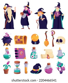 Magic cartoon icons set with wizard and witch accessories isolated vector illustration