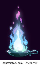 Magic Cartoon Lamp With Fairy Blue Fire On Dark Background, Vector Illustration