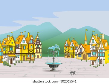 Magic cartoon medieval houses. Town in the mountains