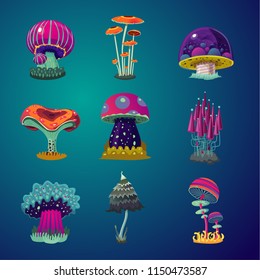 Magic cartoon mushrooms icons set. Fantasy object vector illustration. Game design element collection.