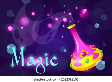 Magic cartoon poster with bottle.Witchcraft cartoon poster with magical bottle. 