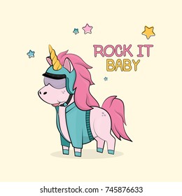 Magic cartoon unicorn in sunglasses and helmet card. Vintage vector typography poster with hand drawn text and dreaming horse with horn. Rock it baby kids cute animal decoration. Pony print
