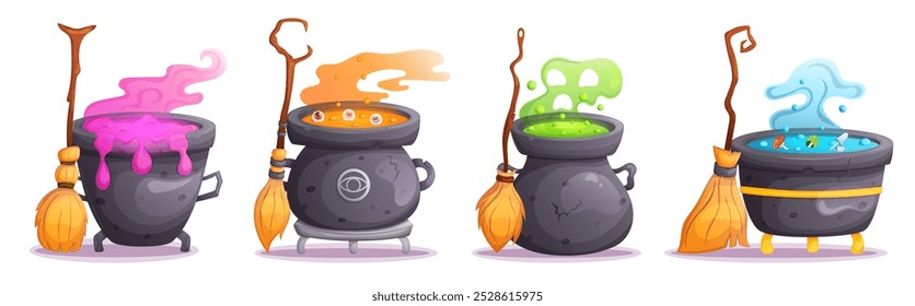 Magic cartoon witch broom and cauldron set isolated on white. Halloween witchcraft pot and besom collection. 