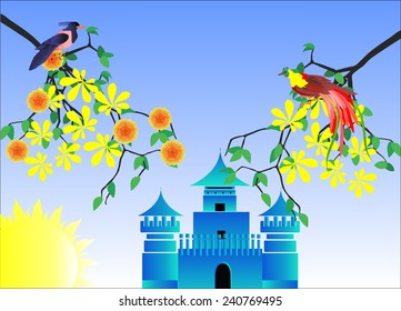 Magic castle and birds in tree branch