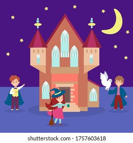 Magic castle building young people character wizard kid sorcery university flat vector illustration. Spell material fortress, miracle wand staff cozy stronghold place, child hold white owl.