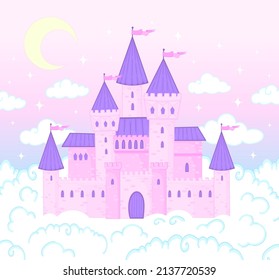 Magic castle. Cartoon castle in pink clouds. Magic land, fairytale cloud and fabulous sky. Fairy castle for little princess. Fantastic tower, majestic kingdom building landscape vector illustration
