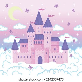 Magic castle. Cartoon castle in pink clouds. Magic land, fairytale cloud and fabulous sky. Fairy castle for little princess. Fantastic tower, majestic kingdom building landscape vector illustration
