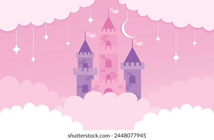 Castillo mágico en las nubes con el telón de fondo de las estrellas y la luna.