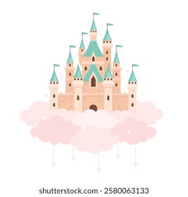 Magic castle in the clouds. Flat vector illustration.