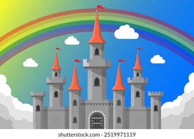 Magic Castle in clouds with rainbow Fabulous magic building landscape