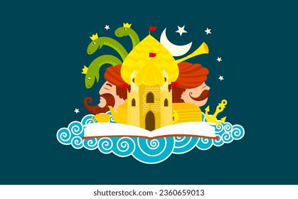 Magic castle with fairy-tale characters on a cloud. Flat vector illustration for cover, card or print.
