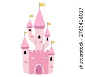 Magic castle for fantasy world. Pink fairytale building in flat style for nursery design