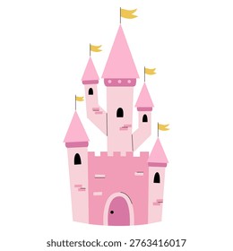Magic castle for fantasy world. Pink fairytale building in flat style for nursery design