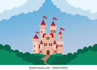 Magic castle in the forest. Vector flat illustration.
