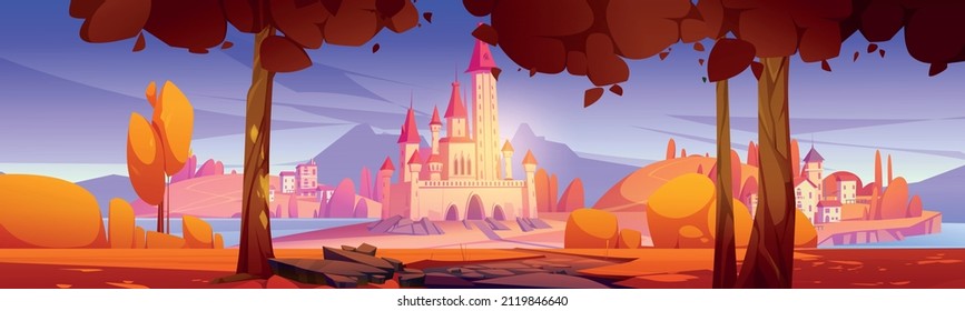 Magic castle and medieval town buildings at scenery autumn landscape. Fairy tale kingdom palace with turrets surrounded with water, rocky road lead to fantasy fortress gate Cartoon vector illustration
