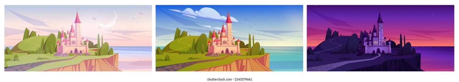Magic castle on mountain sea cliff at dusk, morning and day time summer season. Fairytale pink princess palace at ocean seascape view under cloudy sky. Fantasy architecture Cartoon vector illustration