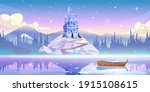 Magic castle on mountain top at river pier with boat floating on water at winter day with falling snow. Fairytale palace at beautiful landscape, fantasy medieval fortress, Cartoon vector illustration