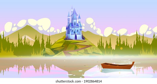 Magic castle on mountain top near river pier with boat on water surface at summer day. Fairytale palace under cloudy sky and trees around. Fantasy medieval architecture, Cartoon vector illustration