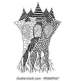 Magic castle with roots. Vector illustration. Doodle. Zentangle. Page for coloring book. Hand drawn. Black and white version.