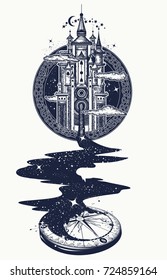Magic castle tattoo art, river of stars, psychology symbol, tourism, travel. Surrealist concept motivation, magic. Star Compass 