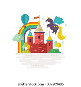 Magic castle vector illustration with brick towers, balloon, rainbow, unicorn. Fantasy and creative process concept. Modern flat style.