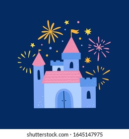 Magic castle vector illustration. Cute blue palace with fireworks on dark background