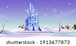 Magic castle at winter day on frozen river bank. Fairytale palace at beautiful nature landscape with falling snow and fir trees. Fantasy fortress, medieval architecture. Cartoon vector illustration