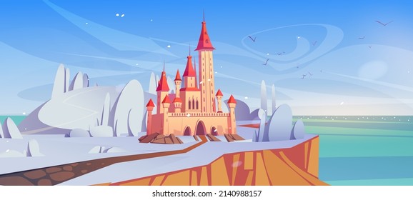 Magic castle at winter day on sea cliff with road. Fairytale palace at beautiful nature landscape with falling snow and seascape. Fantasy fortress, medieval architecture Cartoon vector illustration