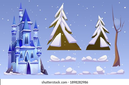 Magic castle and winter landscape elements isolated on blue background. Vector cartoon set of fantasy royal palace with towers on, bare trees, pines with snow and snowdrifts