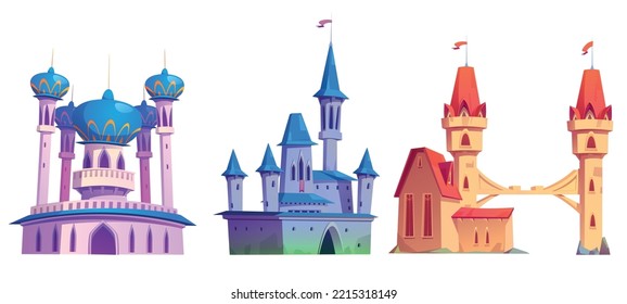 Magic castles, fairy tale palaces with turrets, flags, bridge and domes. Arabic or european fantasy royal fortress, cute medieval architecture isolated on white background. Cartoon vector illustration