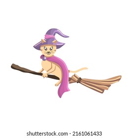 The magic cat is flying on a witch's broom. Illustration of a cat in a witch costume sitting on a broom. Vector illustration on a white background is isolated.