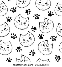 Magic cat head sketch. Seamless pattern. Halloween cat. Hand drawn vector illustration.