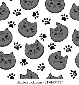 Magic cat head sketch. Seamless pattern. Halloween cat. Hand drawn vector illustration.