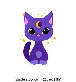 Magic cat icon. Cartoon illustration of a cute black cat with crescent moon on its head isolated on a white background. Vector 10 EPS.
