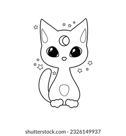 Magic cat icon. Cartoon illustration of a cute cat with crescent moon on its head isolated on a white background. Vector 10 EPS.