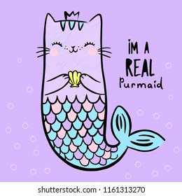 Magic cat mermaid. Childish illustration for apparel, fabric, textile.Vector illustration