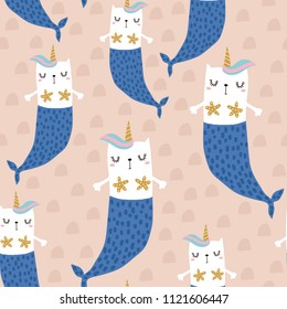 Magic cat mermaid with horn. Seamless childish pattern for apparel, fabric, textile.Vector illustration