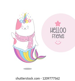 Magic cat mermaid with horn. Seamless childish pattern for apparel, fabric, textile.Vector illustration