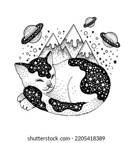 Magic cat with mountain, saturn tattoo. Space art. Esoteric alchemy cute background. Fantasy graphic for girl, baby tee. Midnight cat vector print. Coloring book animal. Mystic celestial galaxy symbol