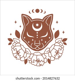 Magic cat silhouette with moon, stars, leaves, flower in minimal boho style isolated on white background. Celestial vector flat illustration. Mystical design for tattoo, card, web stories