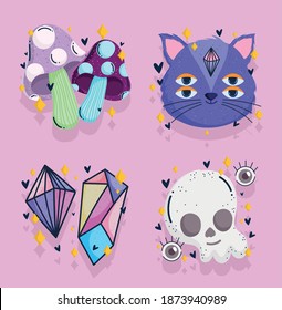 magic cat skull crystal spooky mystery fortune cartoon vector illustration