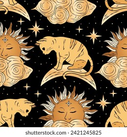 Magic Cat with Sun Moon and Star Celestial Seamless Vector Pattern. Fairy Kitten Animal Golden Background Astrology Esoteric Fantasy Art.