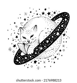 Magic cat tattoo. Space saturn art. Esoteric and alchemy cute background. Fantasy graphic for girl and baby. Midnight cat vector print. Coloring book starry animal. Mysterious celestial galaxy symbol