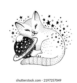 Magic cat tattoo. Space saturn art. Esoteric and alchemy cute background. Fantasy graphic for girl and baby. Midnight cat vector print. Coloring book starry animal. Mysterious celestial galaxy symbol