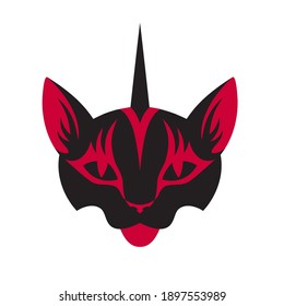Magic cat unicorn head illustration. Vector silhouette of black and red caticorn animal, isolated on white background.
