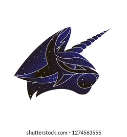Magic cat unicorn head profile outline illustration. Vector line caticorn animal, night sky color silhouette isolated on white background.