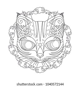 Magic cat. Vector illustration for adult coloring book